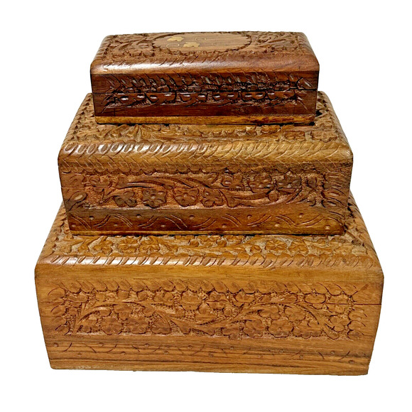 Vintage Carved Wood Nesting Boxes (3) Ornate Hinged Brass Inlay Stacking Jewelry - Picture 11 of 12